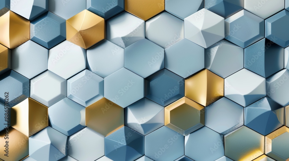 Stylish and modern design created by golden and blue hexagons in abstract background Stylish and modern design created by golden and blue hexagons in abstract background