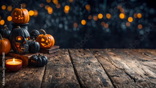 Halloween Wallpaper: Rustic wooden table decorated with Halloween pumpkins and candle for a festive vibe photo