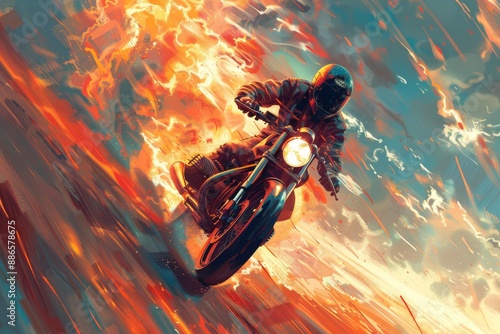 Motorcyclist Riding Through a Fiery Sky photo