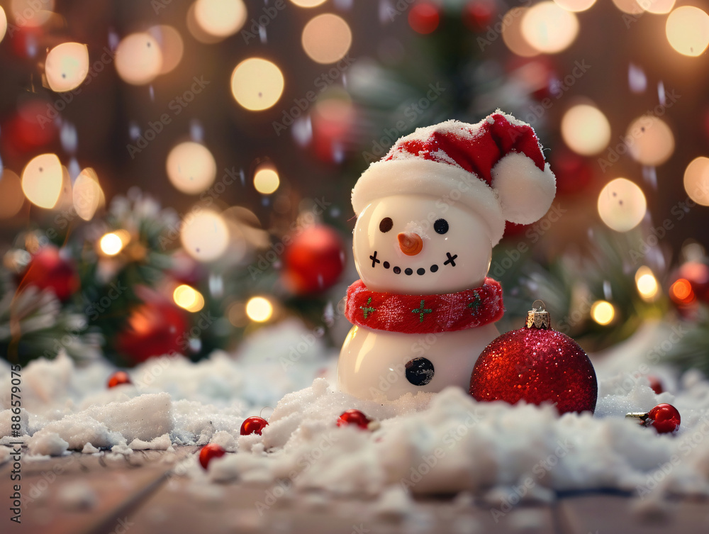 a snowman with a red and white hat and a red ball in the snow a snowman with a red and white hat and a red ball in the snow
