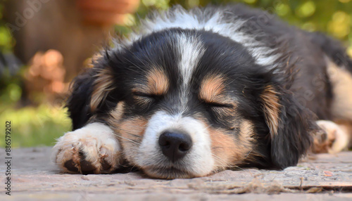 Cute dog sleeping comfortably on sofa with space for text on left top side of image