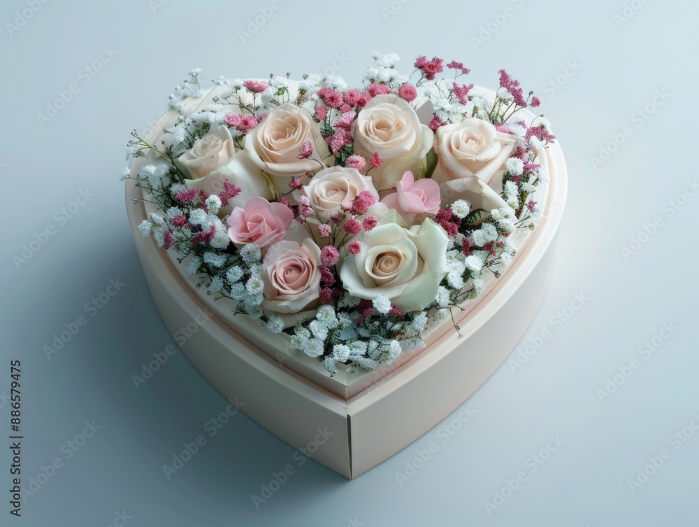 A beautiful heart-shaped box filled with fresh pink and white flowers, perfect for Valentine's Day or any romantic occasion A beautiful heart-shaped box filled with fresh pink and white flowers, perfect for Valentine's Day or any romantic occasion