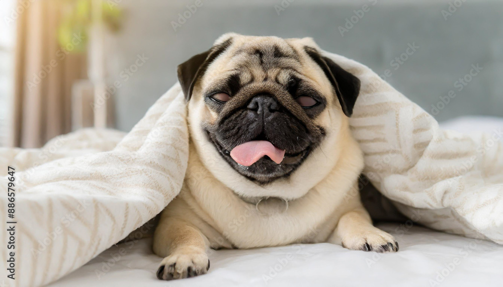 Cute pug puppy relaxing while sleeping on a bed, wrapped in a blanket, with its tongue jutting out. Cute pug puppy relaxing while sleeping on a bed, wrapped in a blanket, with its tongue jutting out.