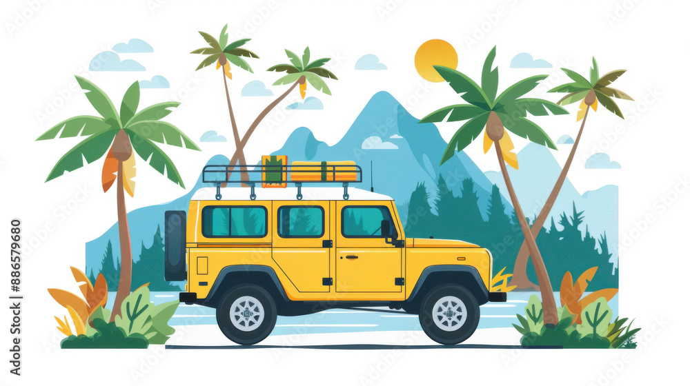 Fototapeta premium Illustration of a yellow off-road vehicle with a tropical background, ideal for adventure and travel themes.