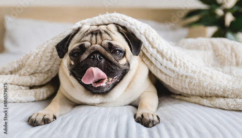 Cute pug puppy relaxing while sleeping on a bed, wrapped in a blanket, with its tongue jutting out.