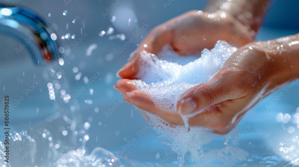 Close up of thorough hand washing with soap under running water for optimal hygiene and cleanliness Close up of thorough hand washing with soap under running water for optimal hygiene and cleanliness