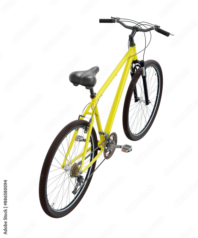 Fototapeta premium yellow bicycle, top back view. Black leather saddle and handles. Png clipart isolated on transparent background