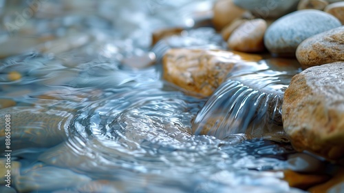 Closeup of water flow over smooth rocks in a tranquil river stream photo