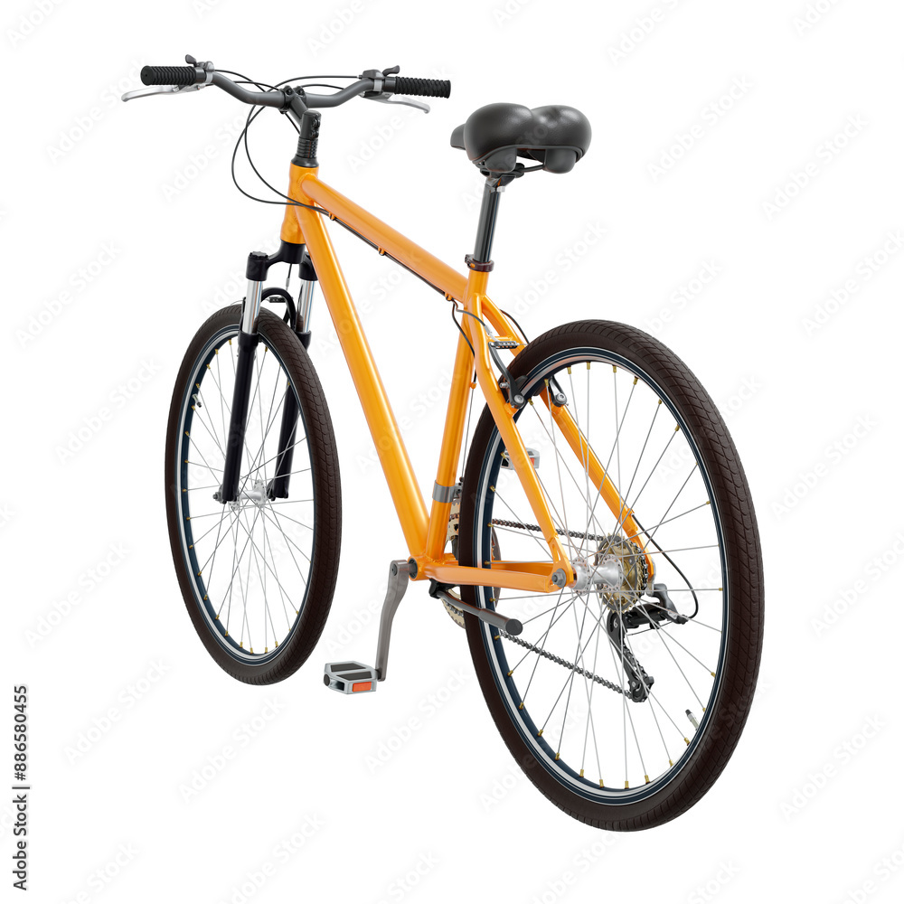 Orange bicycle, side back view. Black leather saddle and handles. Png clipart isolated on transparent background Orange bicycle, side back view. Black leather saddle and handles. Png clipart isolated on transparent background