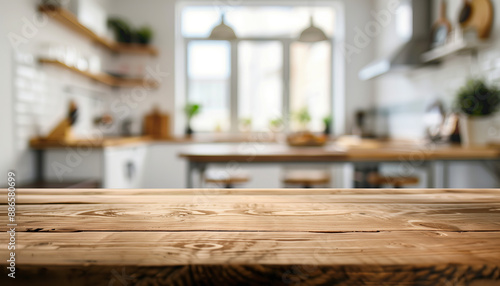 Empty wooden table bench against modern bright blurry bokeh kitchen interior background, cooking concept backdrop. © Denis