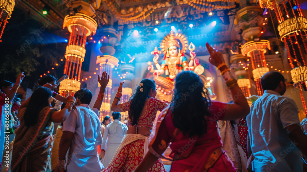Navratri festival, people wearing traditional clothes dance cheerfully around the Durga statue, Ai generated Images Navratri festival, people wearing traditional clothes dance cheerfully around the Durga statue, Ai generated Images