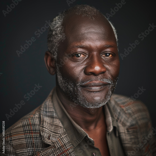 Close-up portrait of a senior man of African descent, studio photo, against a sleek gray studio backdrop