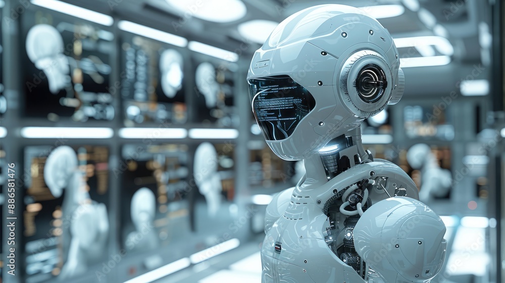 In action, a futuristic AI-driven medical diagnosis system, robot. Generative AI. In action, a futuristic AI-driven medical diagnosis system, robot. Generative AI.
