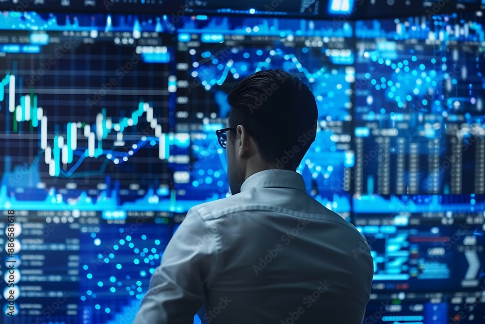 Business analyst deep in concentration, analyzing intricate blue graphs of stock market trends, surrounded by screens displaying real-time financial data. Business analyst deep in concentration, analyzing intricate blue graphs of stock market trends, surrounded by screens displaying real-time financial data.