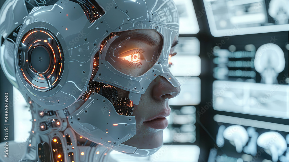 In action, a futuristic AI-driven medical diagnosis system, robot. Generative AI. In action, a futuristic AI-driven medical diagnosis system, robot. Generative AI.
