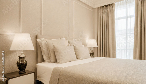 Design wall bedroom or reception room decorated with a wallpaper texture background. Abstract carpet paper tone soft color beige, sepia and with cream marbe texture.