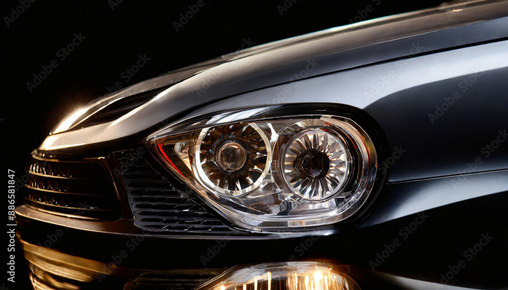 Detail on one of the LED headlights modern car on black background, Detail on one of the LED headlights modern car on black background,