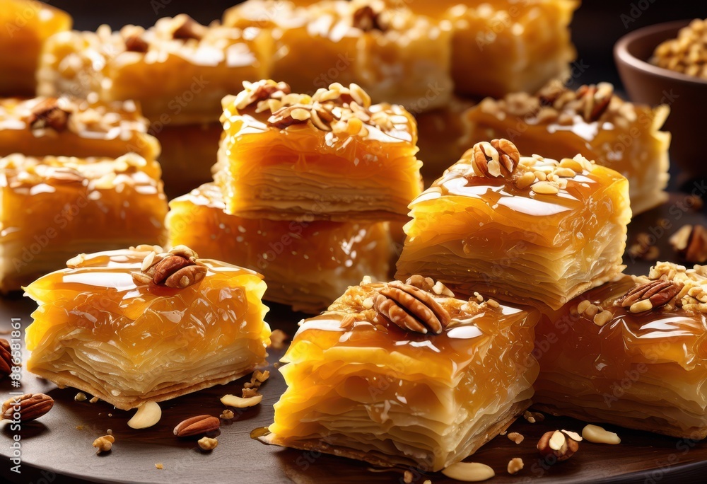 shiny honey glaze cascading over baklava pastry, drizzle, glistening, dessert, sweet, syrup, mediterranean, layers, flaky, nutty, traditional, turkish shiny honey glaze cascading over baklava pastry, drizzle, glistening, dessert, sweet, syrup, mediterranean, layers, flaky, nutty, traditional, turkish