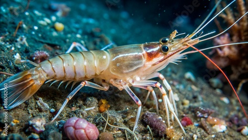 Shrimp on the seabed, the Odessa Gulf. (Palaemon adspersus) commonly called Baltic prawn, is a species of shrimp that is frequent in the Black Sea photo