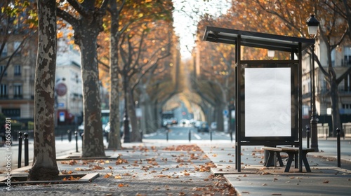 Bus stop billboard Mockup in empty street in Paris Parisian style hoarding advertisement close to a park in beautiful city photo