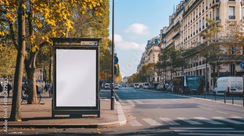 Bus stop billboard Mockup in empty street in Paris Parisian style hoarding advertisement close to a park in beautiful city