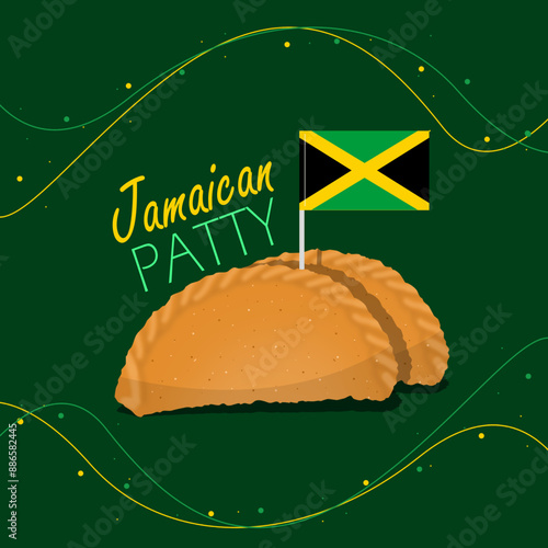 National Jamaican Patty Day event food banner. Jamaican patty dish with Jamaican flag on dark green background to celebrate on August