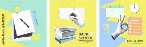 Set of halftone collage card back to school concept