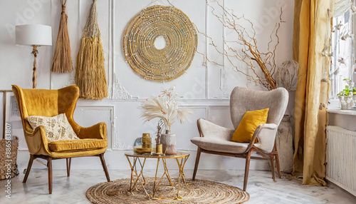 Sunny scanidnavian interiors of apartment with mock up poster frame, wooden ladder, gold armchair, design accessories and furnitures, plants and yellow macrame. Stylish home decor of rooms photo