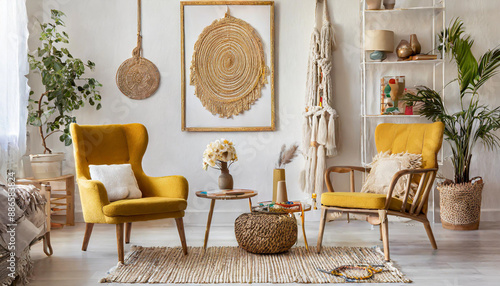 Sunny scanidnavian interiors of apartment with mock up poster frame, wooden ladder, gold armchair, design accessories and furnitures, plants and yellow macrame. Stylish home decor of rooms photo