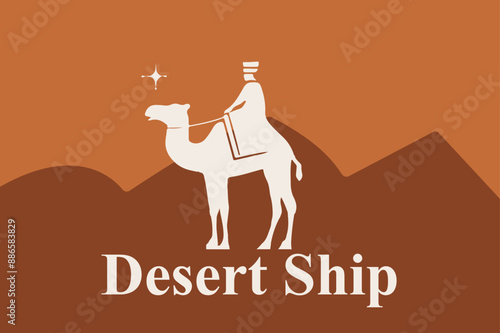 Vector illustration of a desert in Africa, a caravan of camels and a man Raiding camels in desert