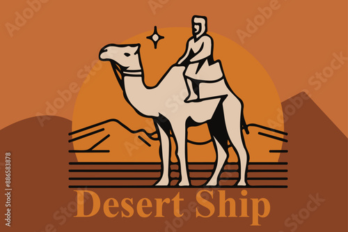 A young man Sahara Desert Travel Tour Camel Arabian Culture vector Illustration