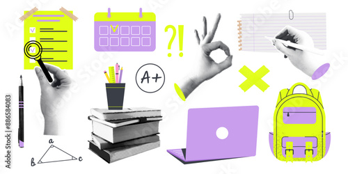 A set of cutout halftone collage school education trending elements. Hands, stationery, books, laptop, backpack, paper sheets.