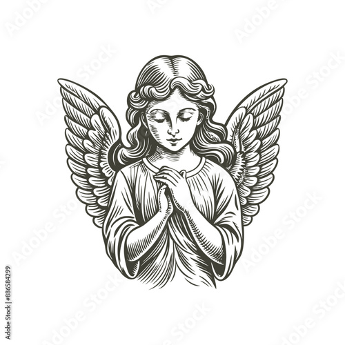 thoughtful angel vintage engraving hand drawn illustration vector