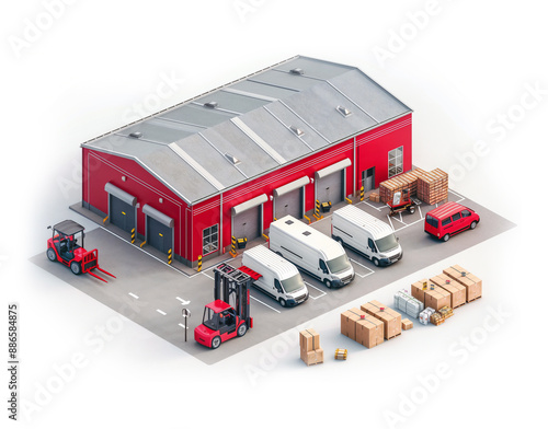 smart simple red warehouse isometric with van and truck local deriverly fast on white background isolated