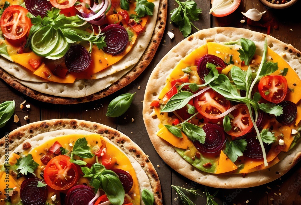 rustic flatbread topped fresh ingredients, pizza, vegetables, herbs, cheese, crispy, aromatic, colorful, flavorful, savory, organic, healthy, vegetarian rustic flatbread topped fresh ingredients, pizza, vegetables, herbs, cheese, crispy, aromatic, colorful, flavorful, savory, organic, healthy, vegetarian