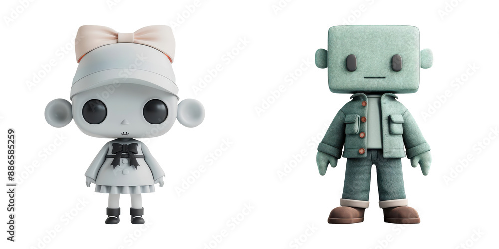 Illustration of a cute zombie girl with a bow and a robot boy in green attire, perfect for Halloween and playful themes. Illustration of a cute zombie girl with a bow and a robot boy in green attire, perfect for Halloween and playful themes.