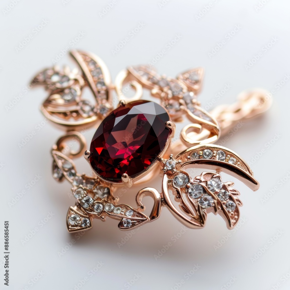 Design a ruby and rose gold brooch, floral intricate design, isolated white background Design a ruby and rose gold brooch, floral intricate design, isolated white background