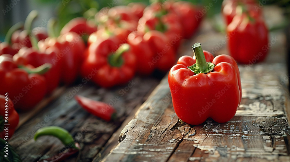 Close-up of Red Bell Peppers on Wooden Table Close-up of Red Bell Peppers on Wooden Table