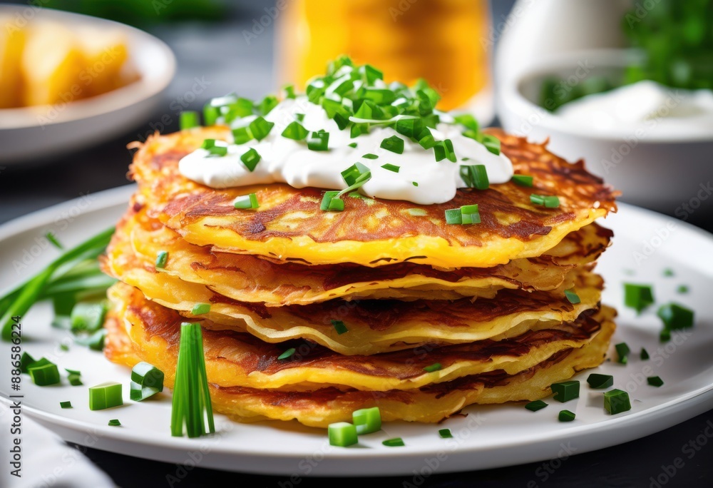 crispy potato pancakes served tangy sour cream white plate, food, delicious, snack, breakfast, lunch, fresh, homemade, golden, fried, fluffy, tasty, appetizer crispy potato pancakes served tangy sour cream white plate, food, delicious, snack, breakfast, lunch, fresh, homemade, golden, fried, fluffy, tasty, appetizer