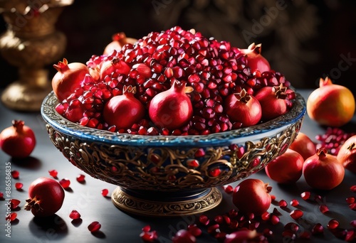 shiny pomegranate seeds cascading into dish, falling, red, juicy, fruit, fresh, organic, vibrant, food, ingredient, round, edible, delicious, natural photo