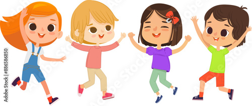Caucasian school kids boys and girls are playing together happily jump. Kids Play at the grass. The concept is fun and vibrant moments of childhood. Vector illustrations