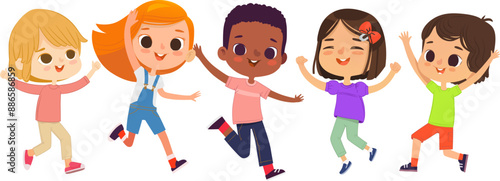 Multiracial school kids. Boys and girls are playing together happily jump. Kids Play at the grass. The concept is fun and vibrant moments of childhood. Vector illustrations