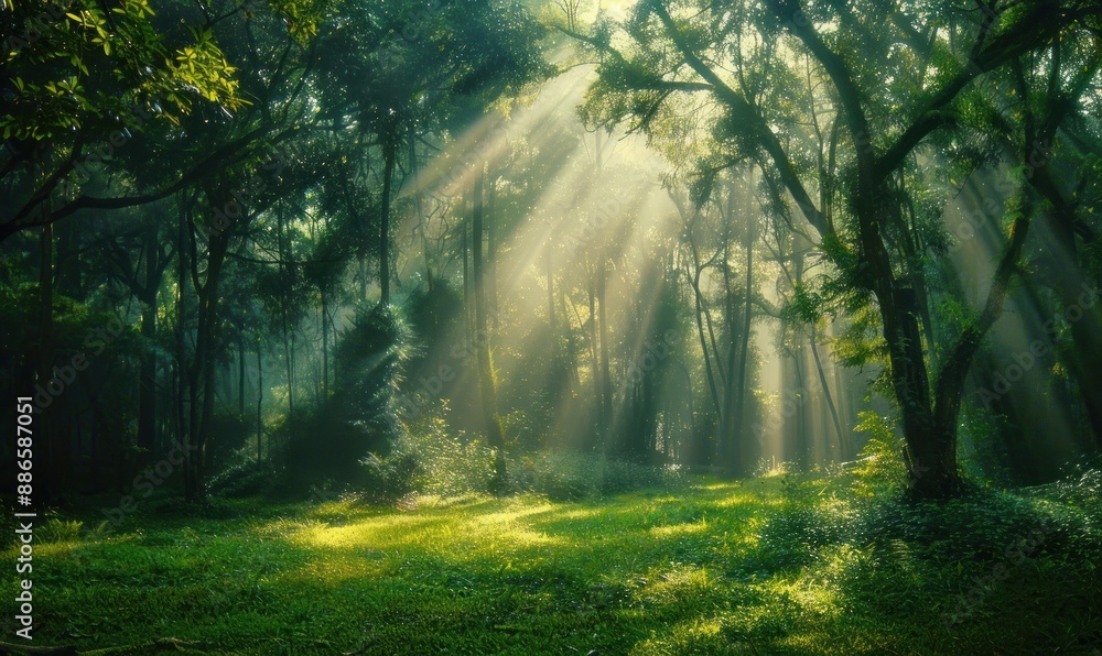 Sunbeams Through the Trees in a Lush Green Forest. Sunbeams Through the Trees in a Lush Green Forest.