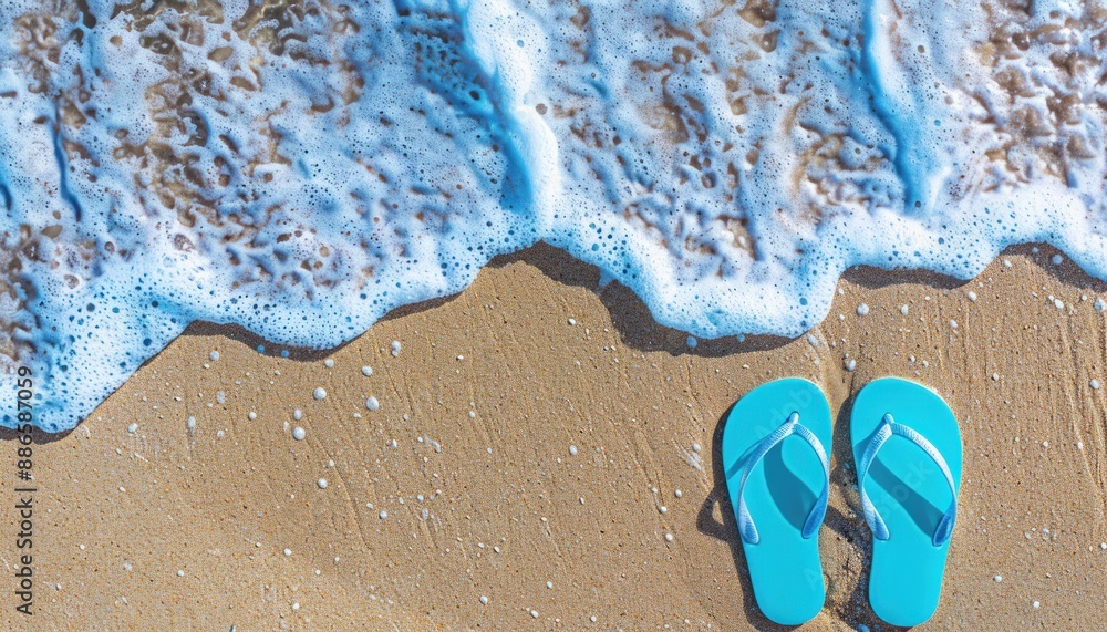 Naklejka premium Blue Flip Flops on Sandy Beach.