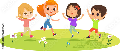 Caucasian school kids boys and girls are playing together happily jump. Kids Play at the grass. The concept is fun and vibrant moments of childhood. Vector illustrations