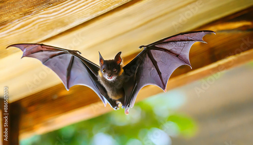 Flying Pipistrelle bat on wooden ceiling