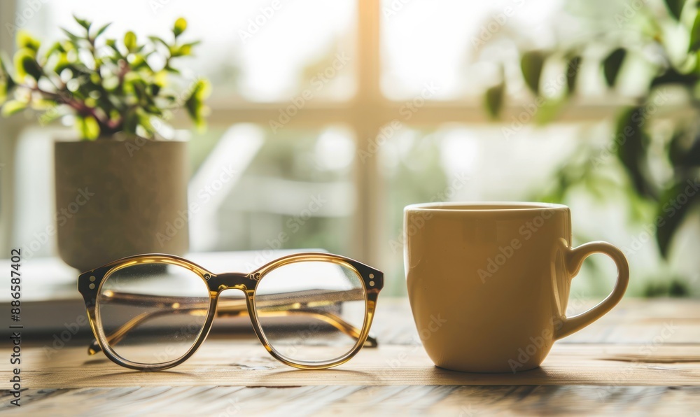 Coffee break with glasses and plants on the table. Coffee break with glasses and plants on the table.