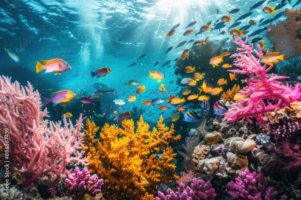 Naklejka premium Vibrant Underwater Coral Reef with Colorful Fish.