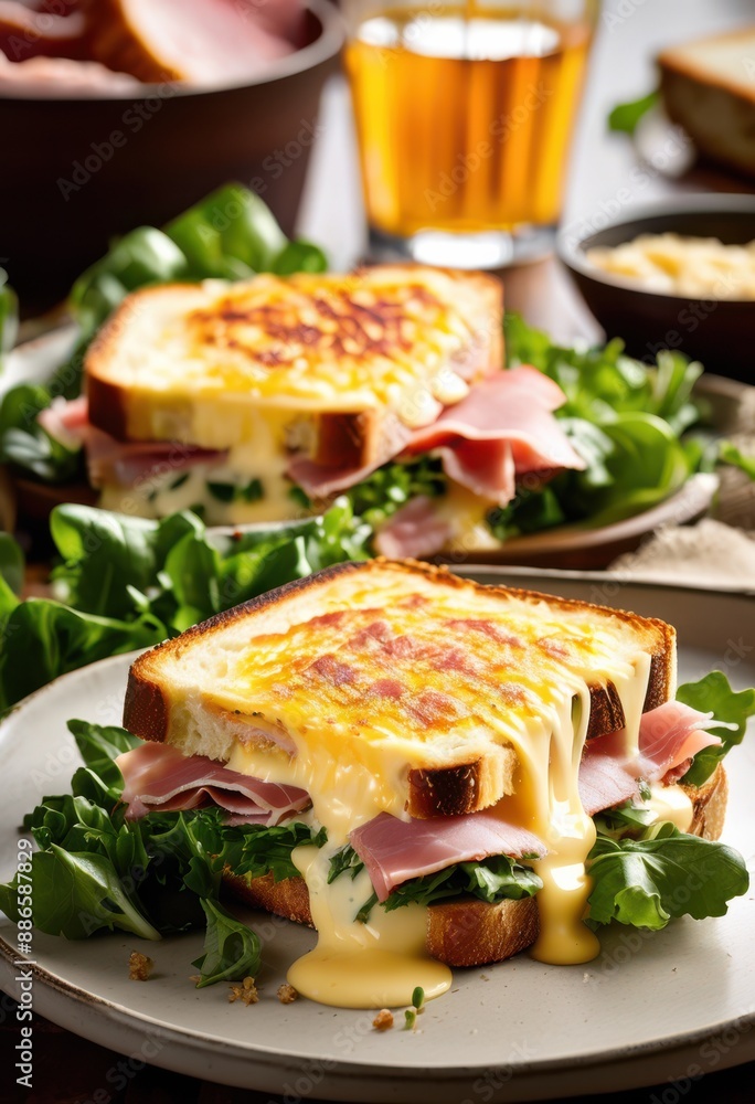 deliciously gooey melted cheese croque monsieur sandwich, crispy, hot ...