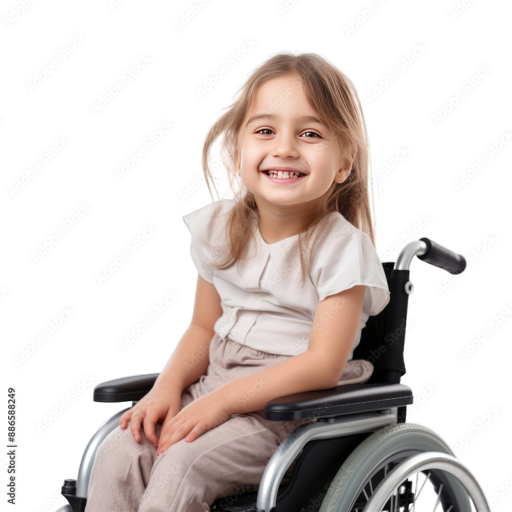 Portrait of smiling preschool girl looking at camera while sitting on disabled wheelchair and isolated on transparent background. Concept of children with disabilities. Portrait of smiling preschool girl looking at camera while sitting on disabled wheelchair and isolated on transparent background. Concept of children with disabilities.